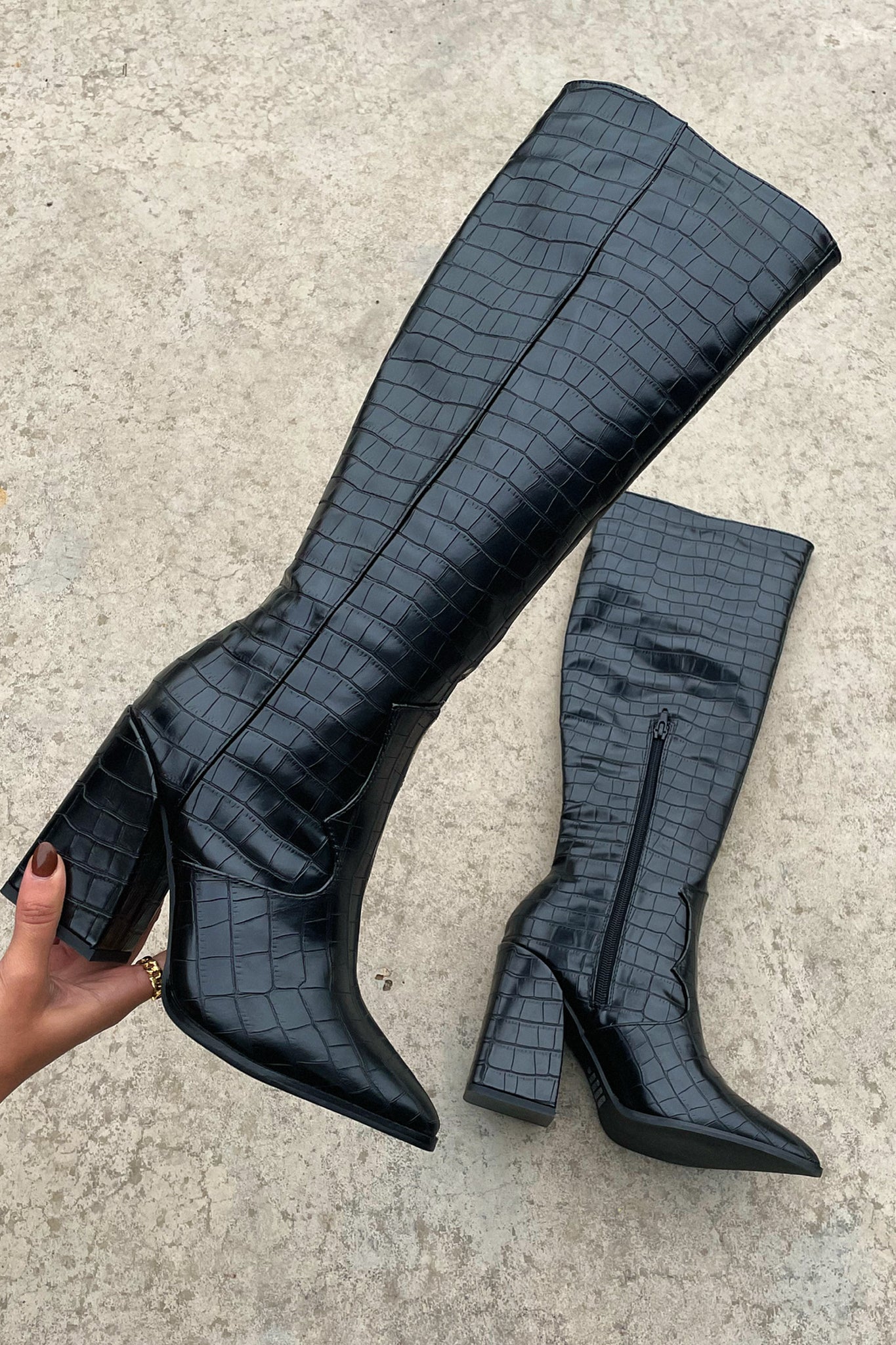 Women's Knee-High Boots Black Crocodile Pattern