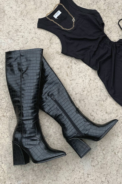 Women's Knee-High Block Heel Boots Textured Design