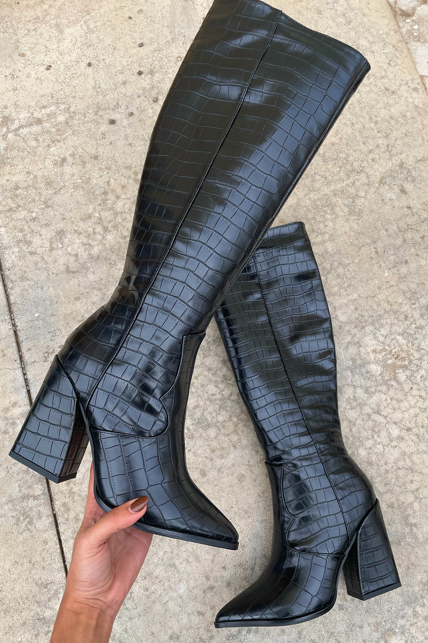Women's Knee-High Boots Black Crocodile Pattern
