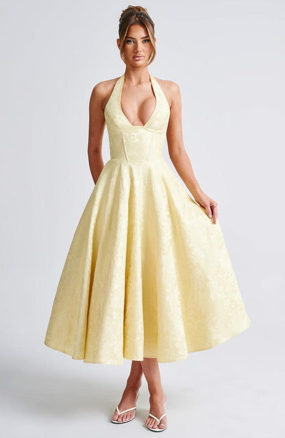 Women's Midi Dress Halter Neck Jacquard Skirt Deep V