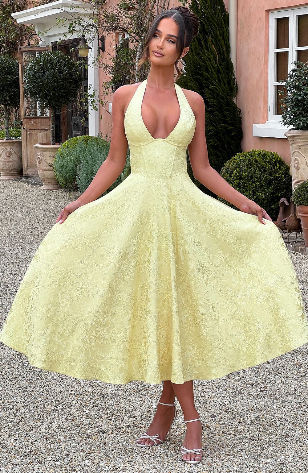 Women's Midi Dress Halter Neck Jacquard Skirt Deep V