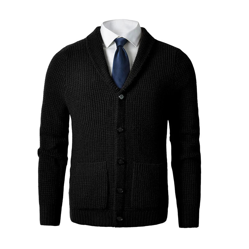 Men's Knit Cardigan Shawl Collar Button Front Pockets - Fashinoza