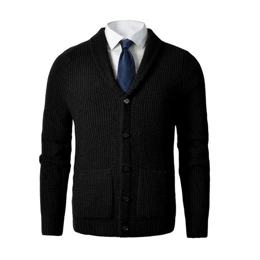 Men's Knit Cardigan Shawl Collar Button Front Pockets - Fashinoza