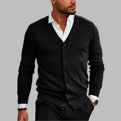 Men's Slim Fit V-Neck Cardigan Ribbed Hem - Fashinoza