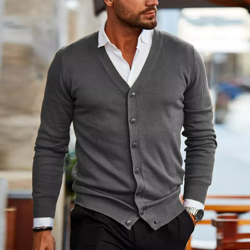Men's Slim Fit V-Neck Cardigan Ribbed Hem