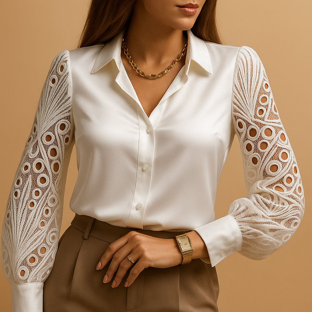 Women's Lace Blouse Sheer Sleeves - 
Fashinoza