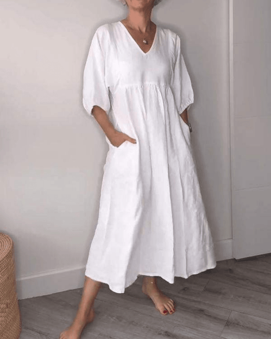 Women's Summer Dress V-Neck Puff Sleeves - Fashinoza