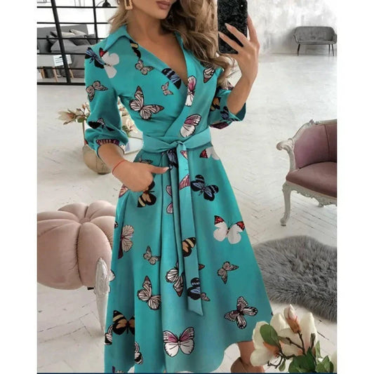 Women's A-Line Midi Dress Tie Waist - Fashinoza