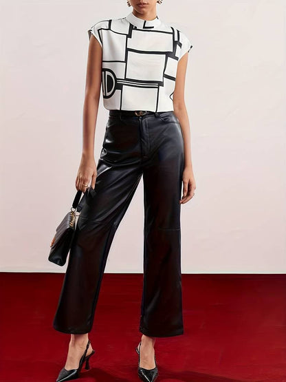 Women's Graphic Print Blouse Sleeveless Mock Neck - Fashinoza