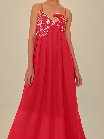 Women's Embroidered Maxi Dress Spaghetti Strap Floral