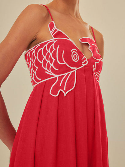 Women's Embroidered Maxi Dress Spaghetti Strap Floral