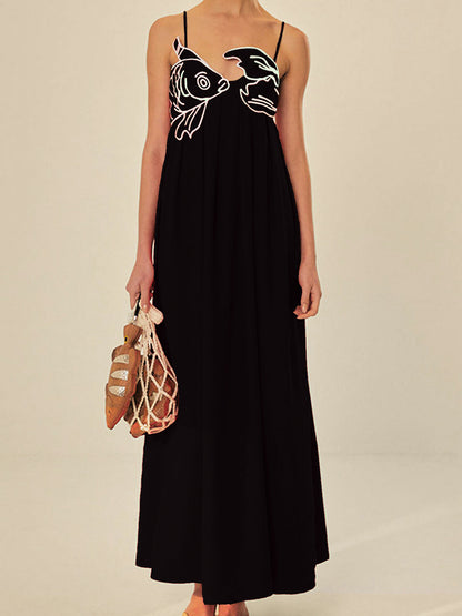 Women's Embroidered Maxi Dress Spaghetti Strap Floral