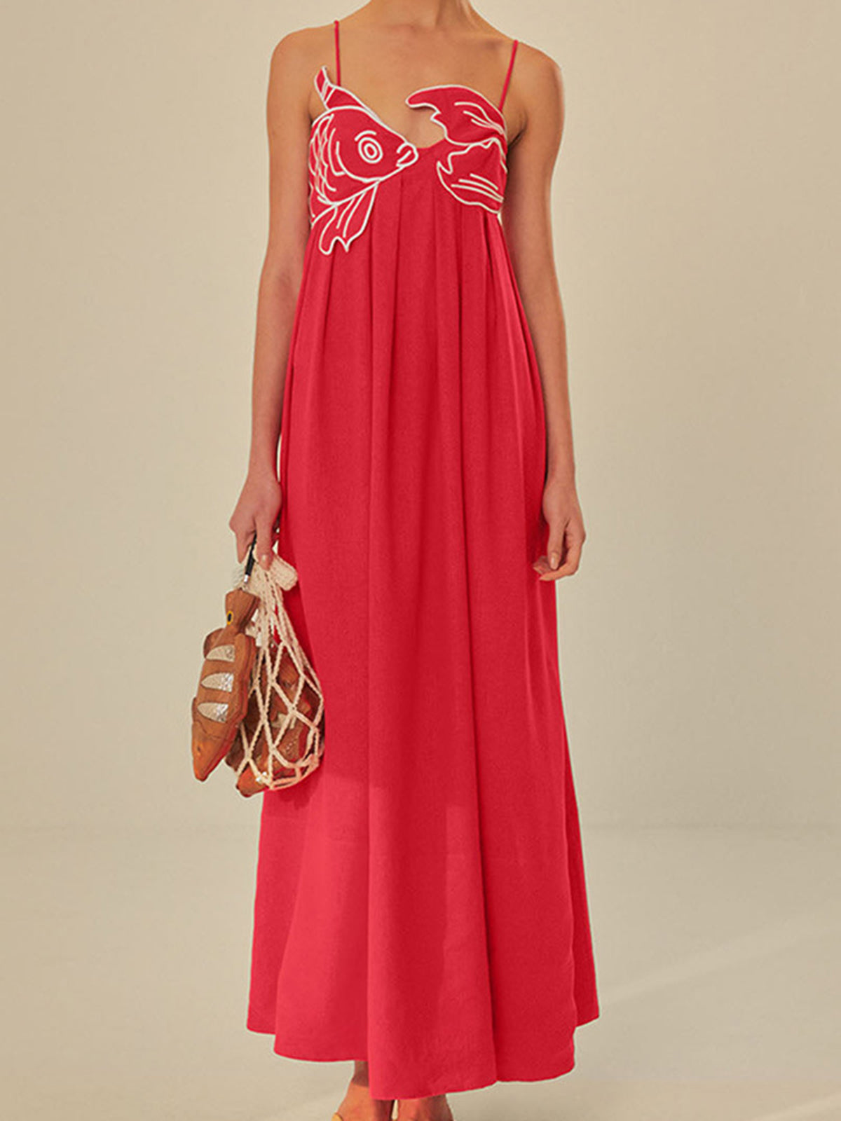 Women's Embroidered Maxi Dress Spaghetti Strap Floral - Fashinoza
