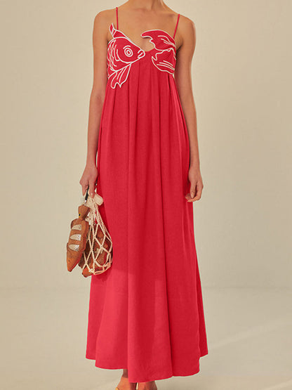 Women's Embroidered Maxi Dress Spaghetti Strap Floral - Fashinoza