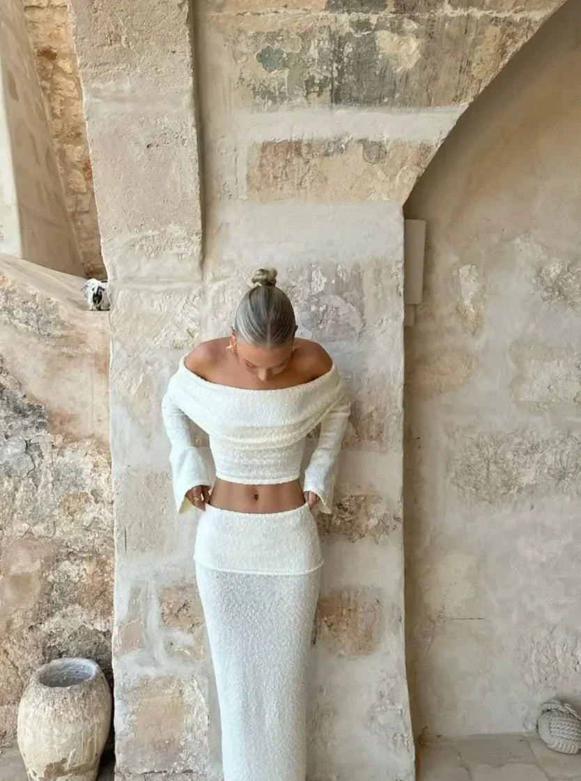 Women's Off Shoulder Two Piece Set Shimmering White