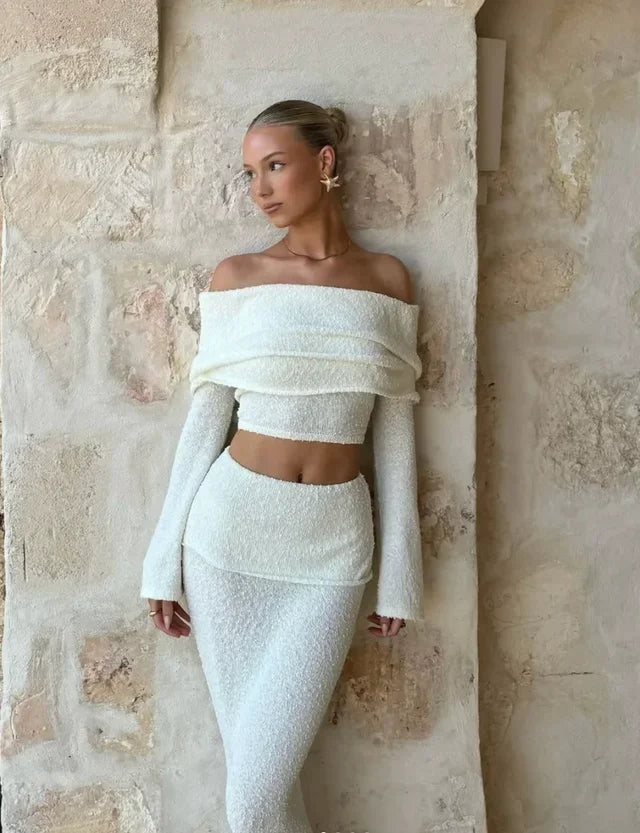 Women's Off-The-Shoulder Two-Piece Set Shimmering White - 
Fashinoza