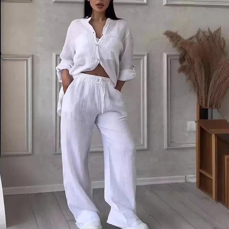 Women's Linen Shirt And Trousers Set Lightweight - 
Fashinoza
