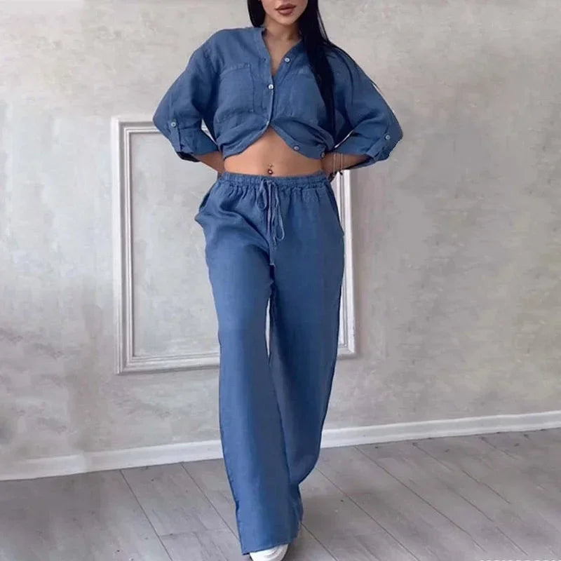 Women's Linen Shirt And Trousers Set Lightweight