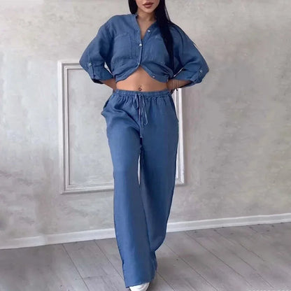 Women's Linen Shirt And Trousers Set Lightweight
