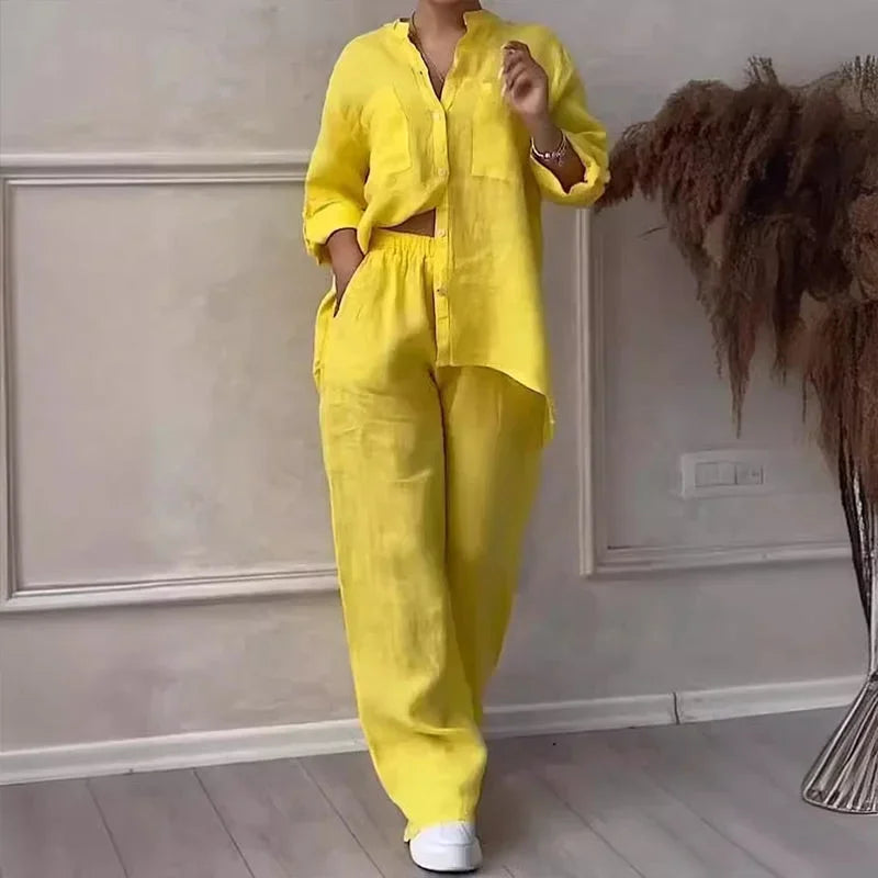 Women's Linen Shirt And Trousers Set Lightweight