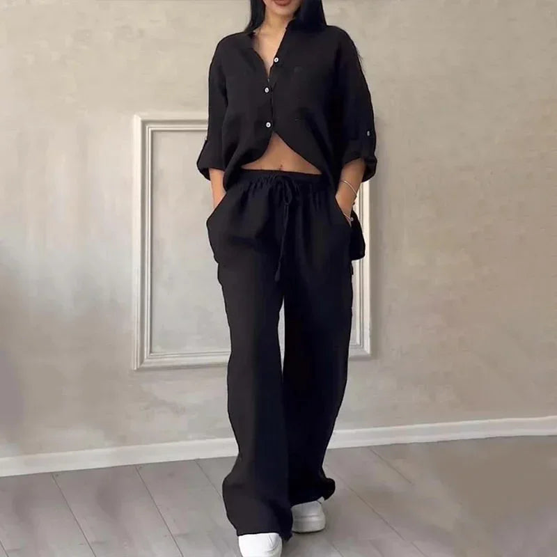 Women's Linen Shirt And Trousers Set Lightweight