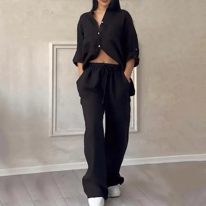 Women's Linen Shirt And Trousers Set Lightweight