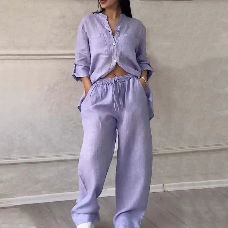 Women's Linen Shirt And Trousers Set Lightweight