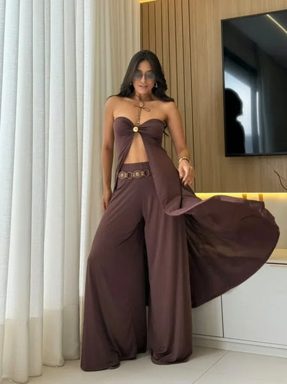 Women's Two Piece Palazzo Pants Crop Set - 
Fashinoza
