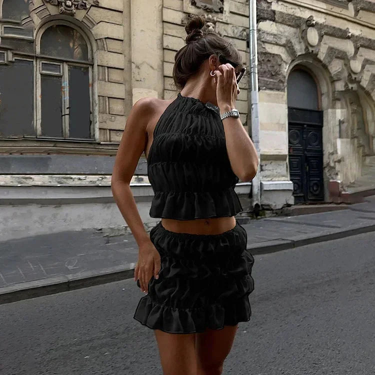Women's Two Piece Pleated Halter Neck Outfit