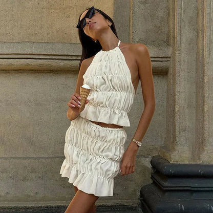 Women's Two Piece Pleated Halter Neck Outfit - 
Fashinoza