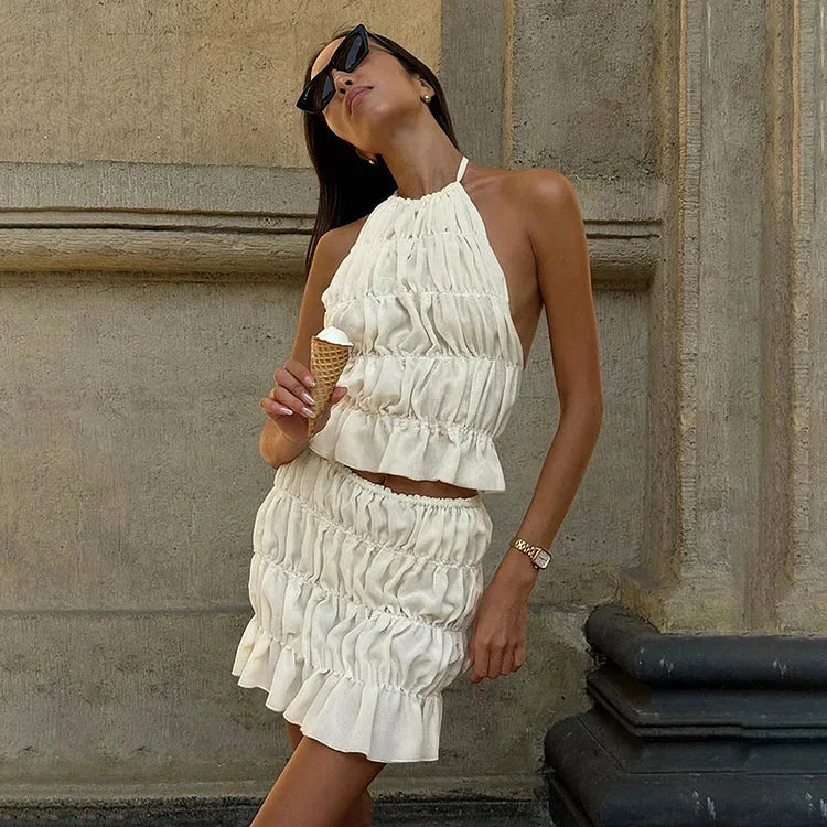 Women's Pleated Halter Neck Two Piece Outfit - 
Fashinoza