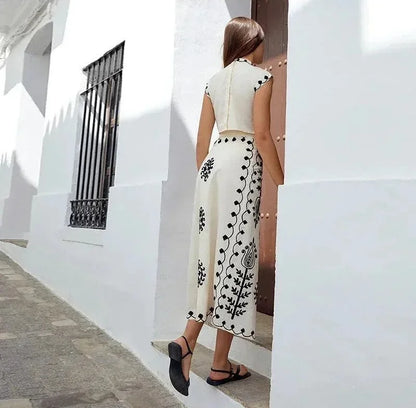 Women's Embroidered Sleeveless Jumpsuit Flowing Skirt