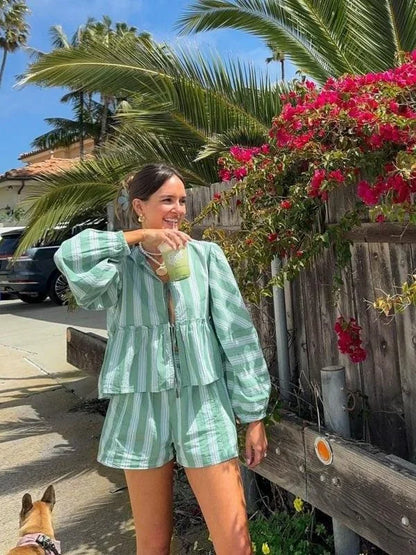 Women's Green Striped Blouse And Shorts Set - 
Fashinoza