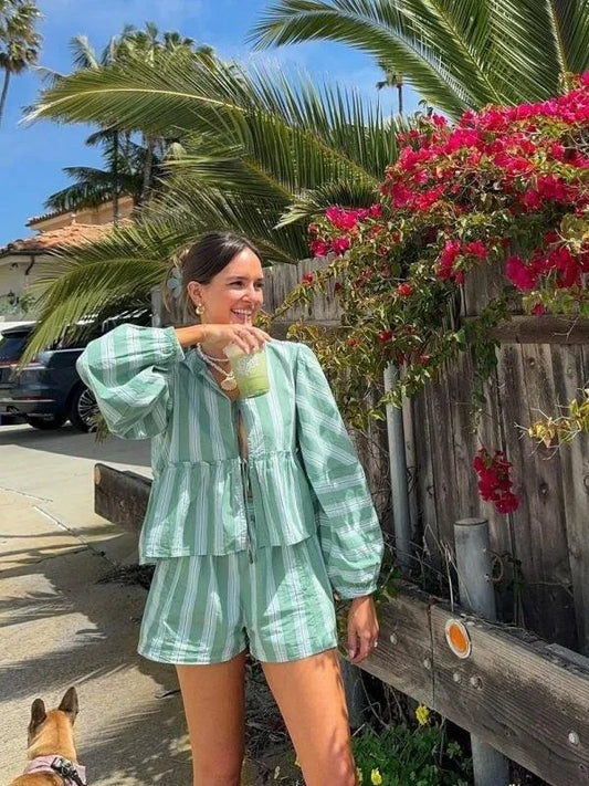 Women's Green Striped Blouse And Shorts Set - 
Fashinoza