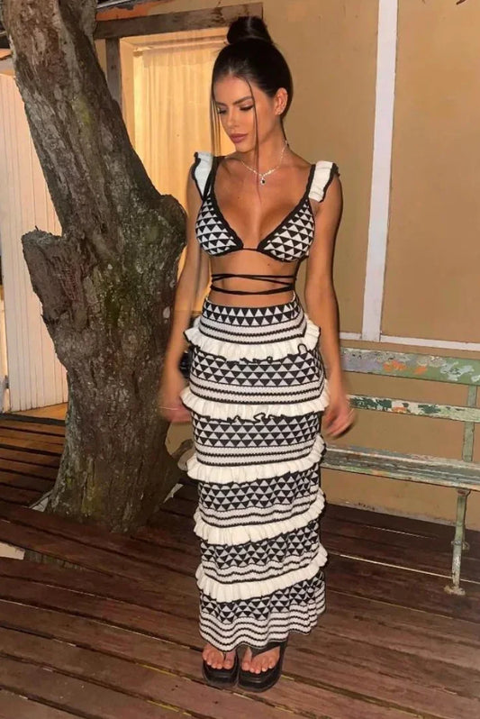 Women's Geometric Pattern Long Skirt Set Black White - 
Fashinoza