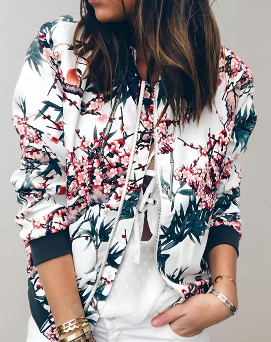 Women's Floral Bomber Jacket Zip Up - Fashinoza