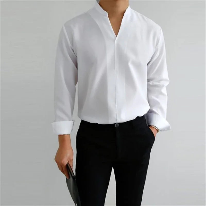 Evan Men's Long Sleeve Mandarin Collar Casual Shirt - Fashinoza