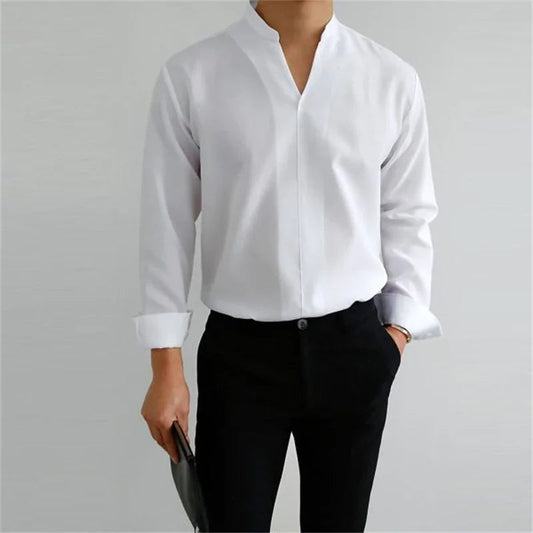 Evan Men's Long Sleeve Mandarin Collar Casual Shirt - Fashinoza