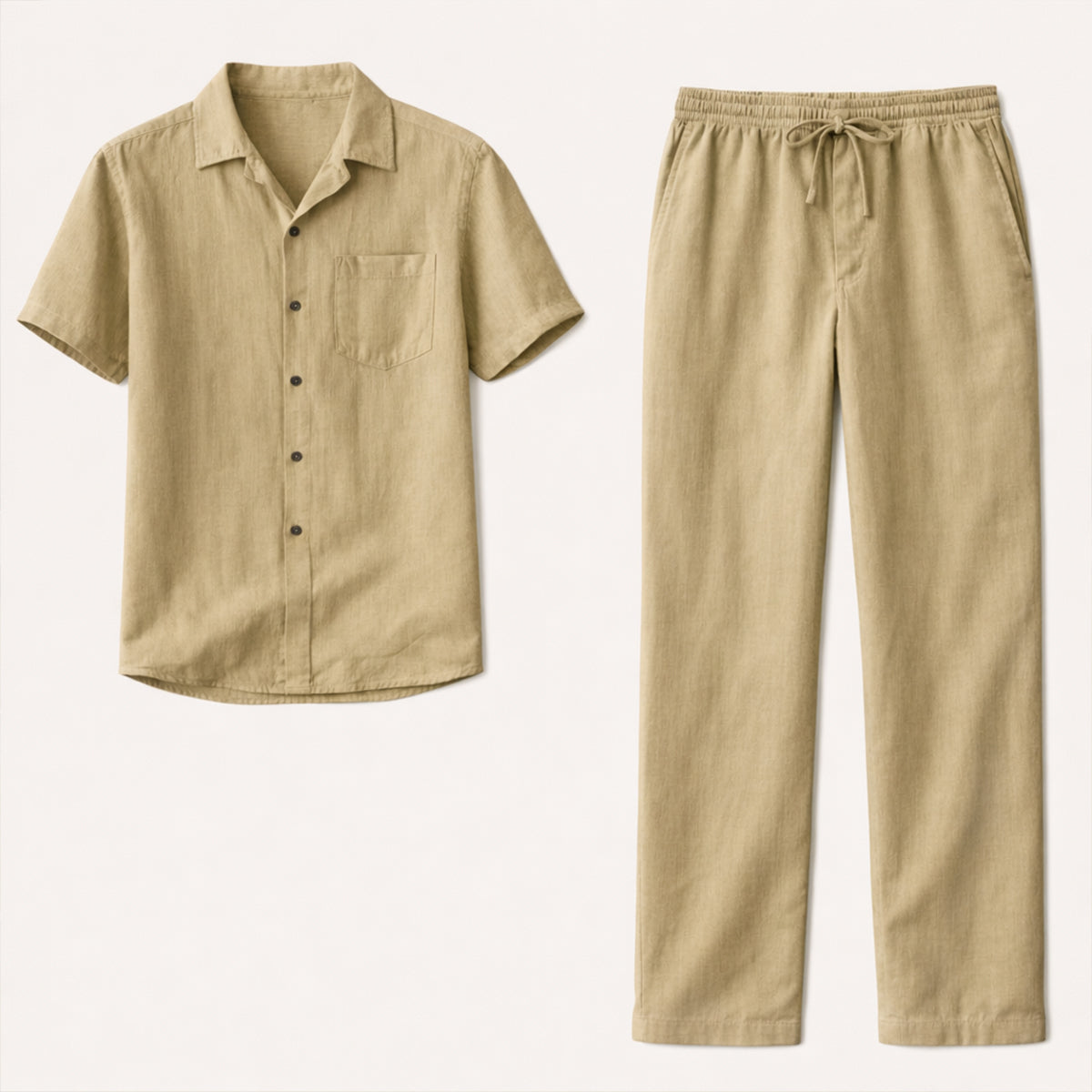 Mens Linen Beach Shirt Pants Set Lightweight Beige - Fashinoza