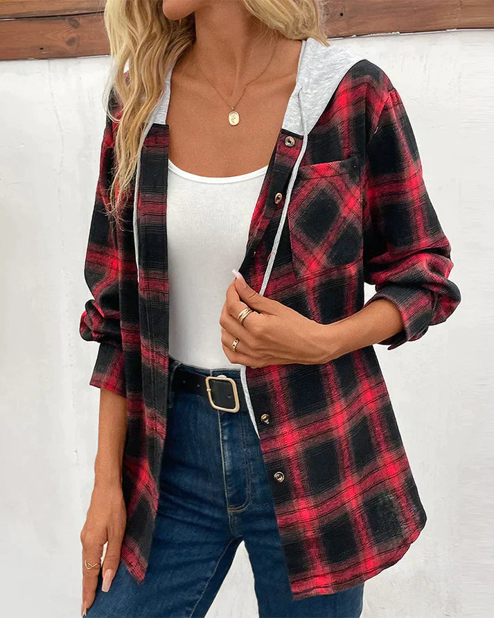 Women's Hooded Checkered Jacket Cozy Fall Outerwear