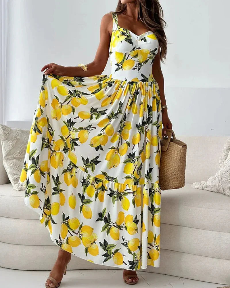 Women's Strappy Lemon Print Sundress - Fashinoza