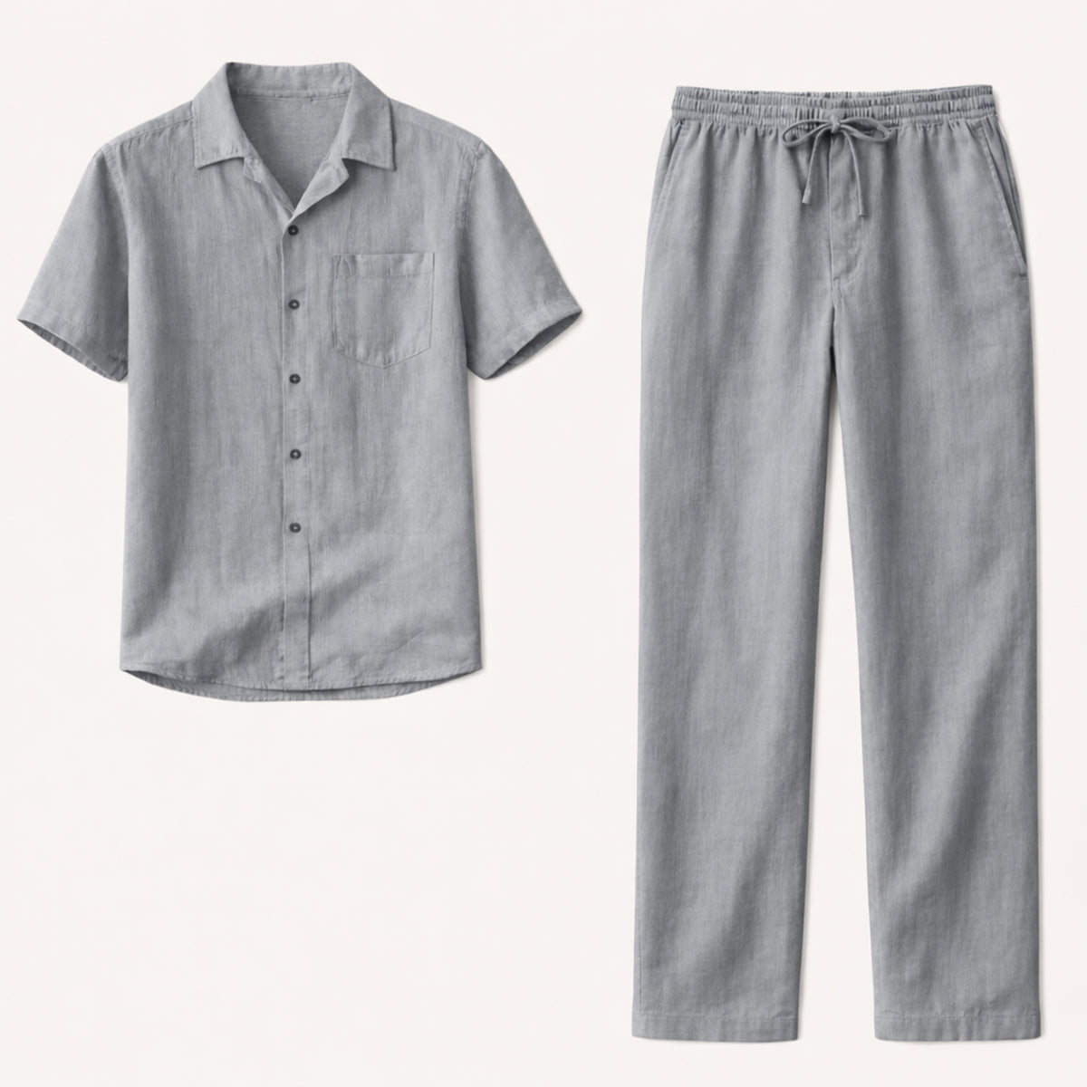 Mens Linen Beach Shirt Pants Set Lightweight Beige