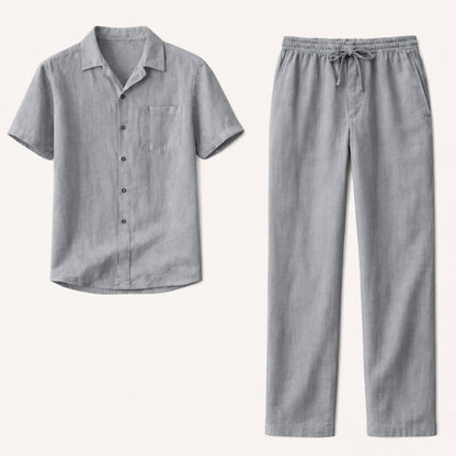 Mens Linen Beach Shirt Pants Set Lightweight Beige
