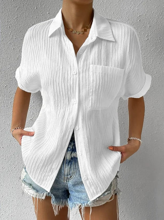Women's Short Sleeve Blouse Cotton Crinkled White - 
Fashinoza