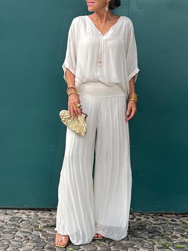 Women's V-Neck Jumpsuit Wide Leg Batwing Sleeve 2 Piece