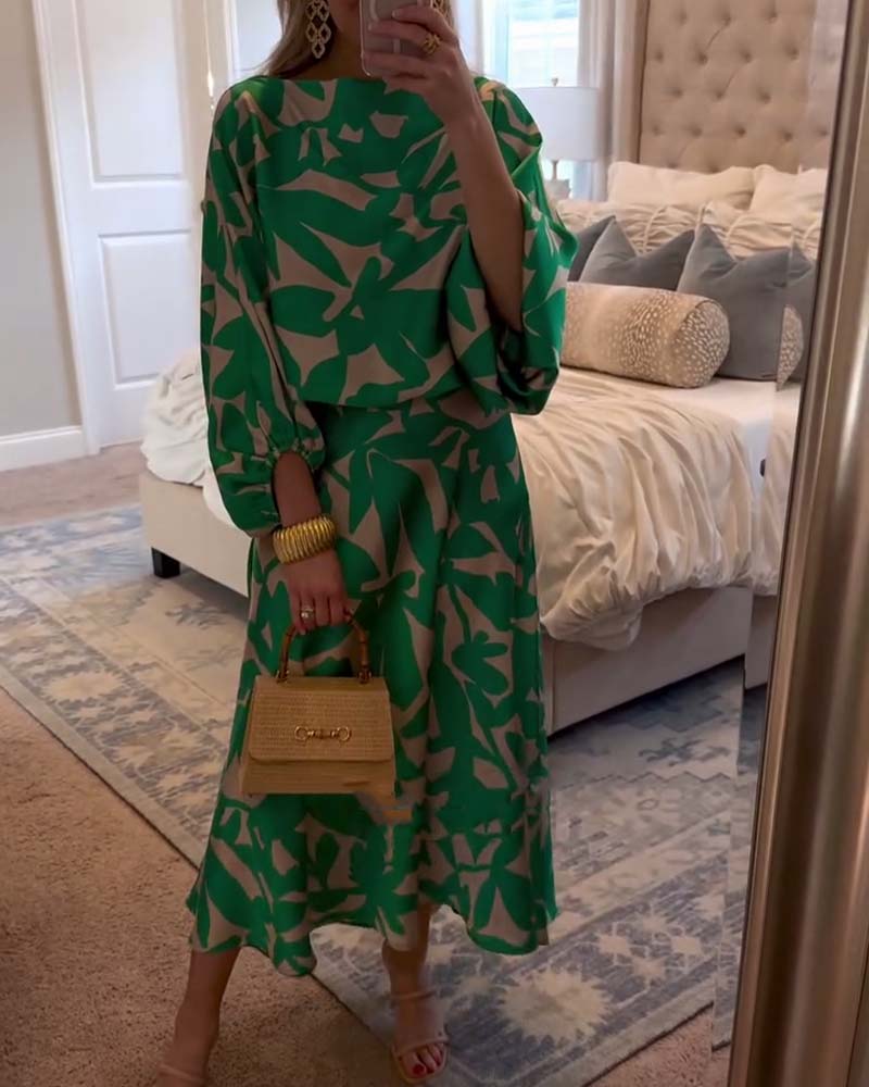 Women's Printed Two-Piece Set Lantern Sleeves - Fashinoza