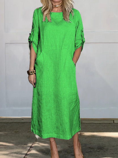 Women's Solid Color V-Neck Linen Pocket Dress