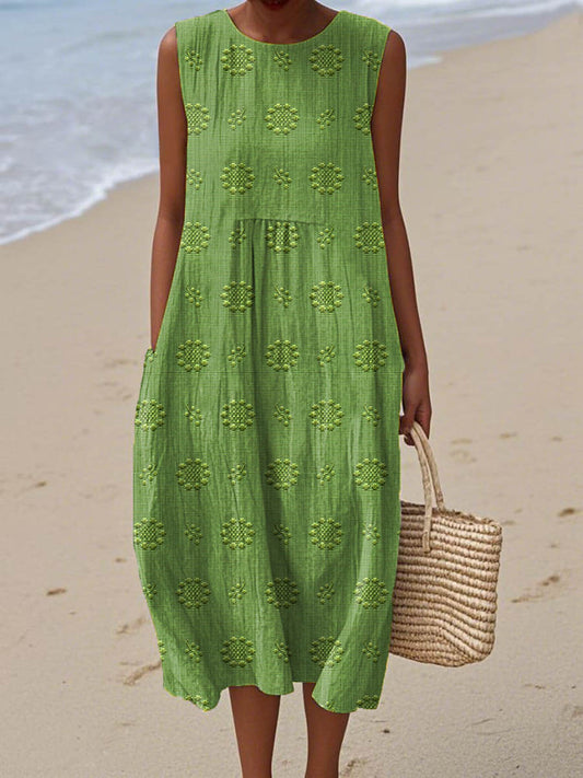 Women's Midi Dress Sleeveless Round Neck Embroidered - 
Fashinoza