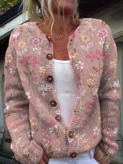 Women's Floral Cardigan Sweater Crew Neck Button Closure