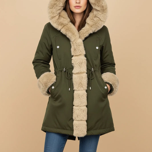 Women's Hooded Winter Jacket Faux Fur Trim - Fashinoza